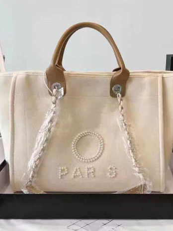 Glam Pearl Canvas Tote: Chic Women’s Shoulder Bag with Chain✨